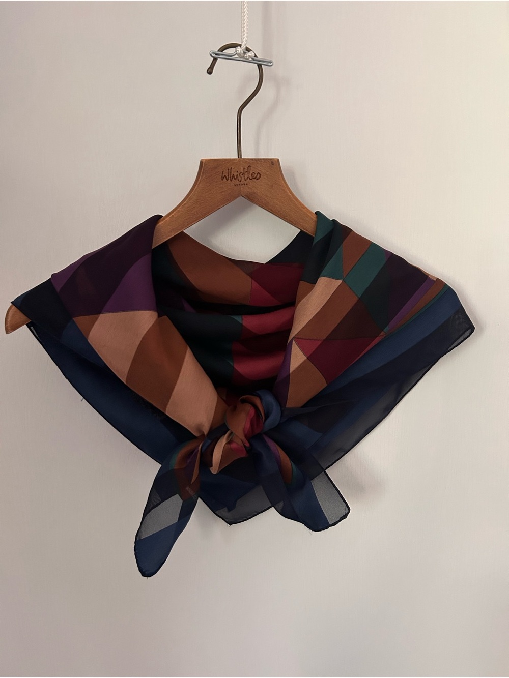 Vintage Geometric Silky Scarf in Navy, Burgundy, Teal & Brown